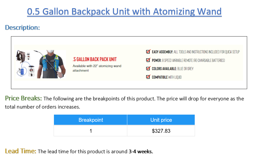 MWBE - 0.5 Gallon Backpack Unit with Atomizing Wand- Pack of 1 (Listing ID: 6617457623109)